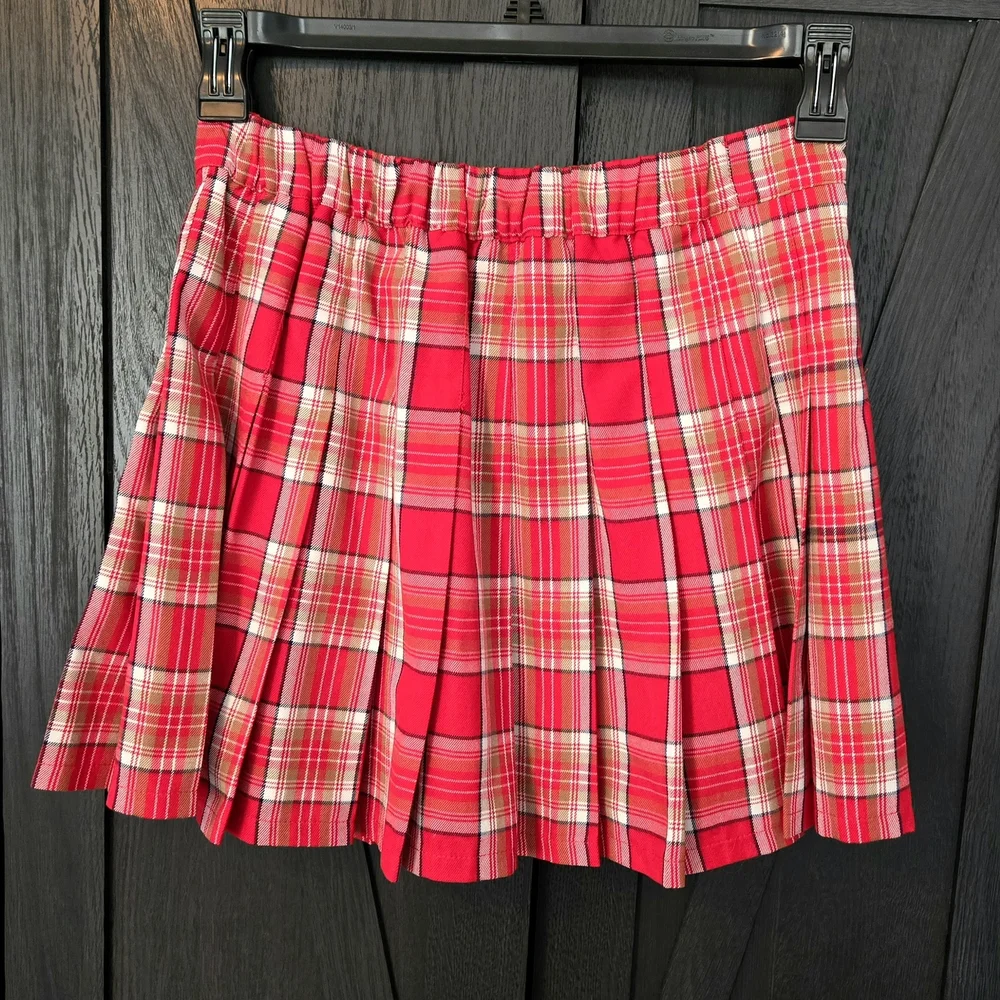 Red Plaid Pleated Skirt Academia Preppy Med